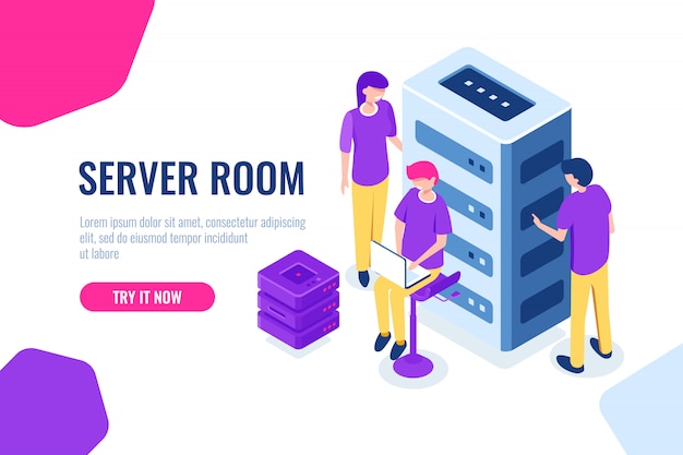 Server room isometric, datacenter and database, working on a common project, teamwork and collaboration