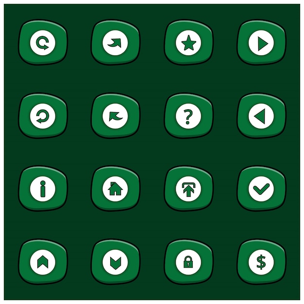 Free vector set of 16 white icons on rounded green rectangles