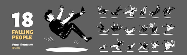 Free vector set of 18 people falling flat illustration