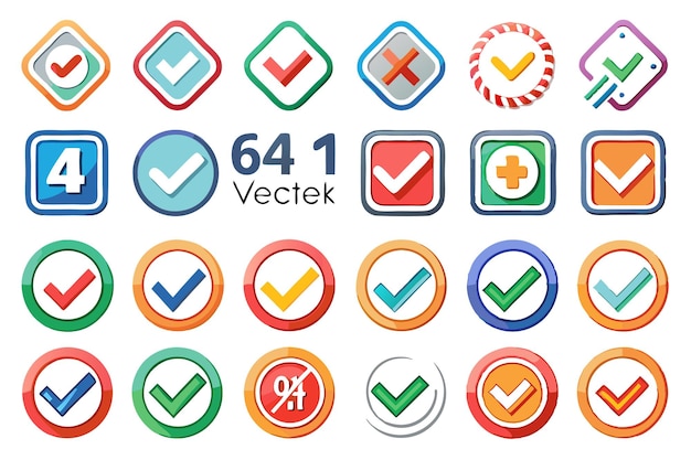 Free Vector a set of 24 colorful checkmark icons including a red cross in different shapes and styles