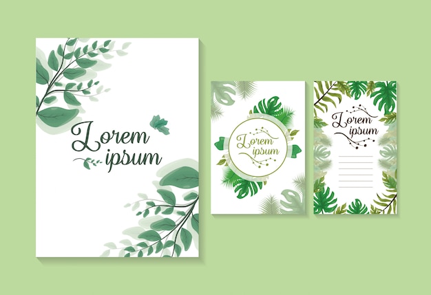 Set of 3 green leaves cards or invitations, template to customize with space to add text