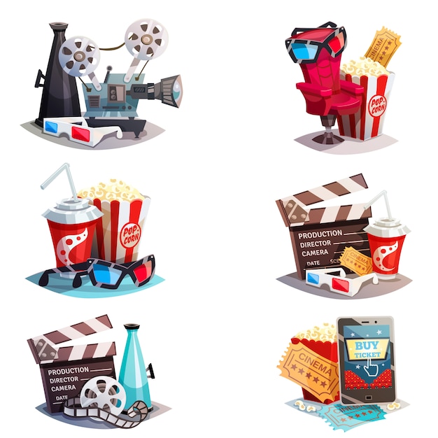 Set Of 3d Cartoon Cinema Design Concepts