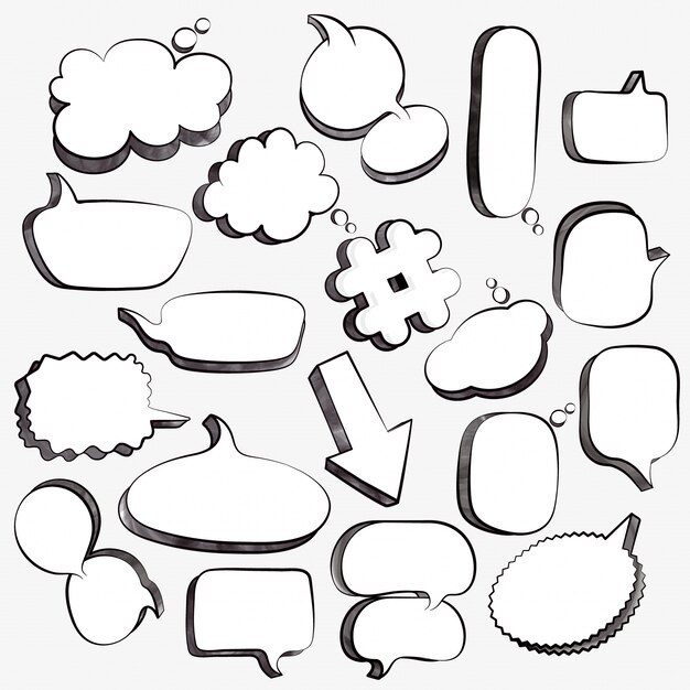  Set of 3d empty comic speech bubbles, pop art design collection. Black and white vector illustration. 