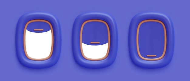 Set of 3d realistic aircraft windows with curtains in different positions and blank copy space inside Vector illustration