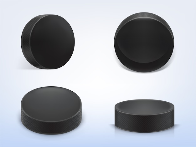 Free Vector set of 3d realistic black rubber pucks for play ice hockey isolated on light background