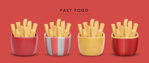 Free Vector set of 3d realistic fries potatoes in package isolated on red background vector illustration