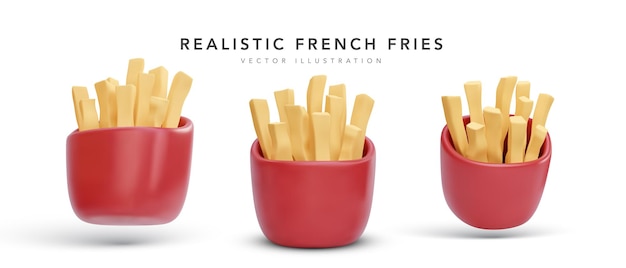 Free Vector set of 3d realistic fries potatoes in red package vector illustration