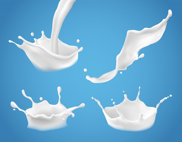 Free Vector set of 3d vector milk splash and pouring, realistic natural dairy products, yogurt or cream