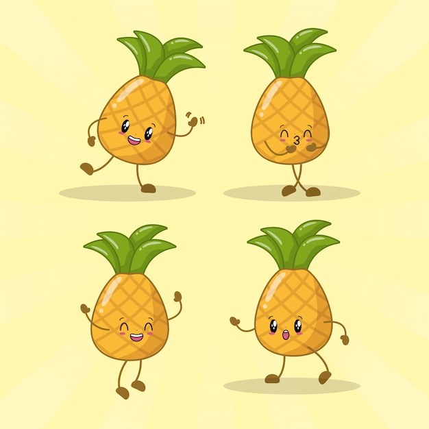 set of 4 kawaii pineapples with different happy expressions