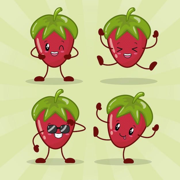 set of 4 kawaii Strawberry with different happy expressions