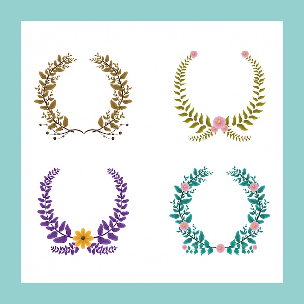 Set of 4 Laurel wreath with green and purple colors with yellow and pink flowers