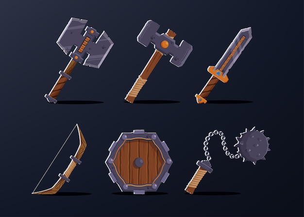 Free Vector set of 6 asset item for warrior  character such as, axe, hammer, sword, bow, wooden shield, thorn pendulum.