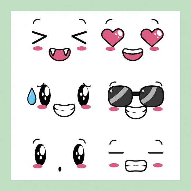 Set of 6 designs of Kawaii expressions