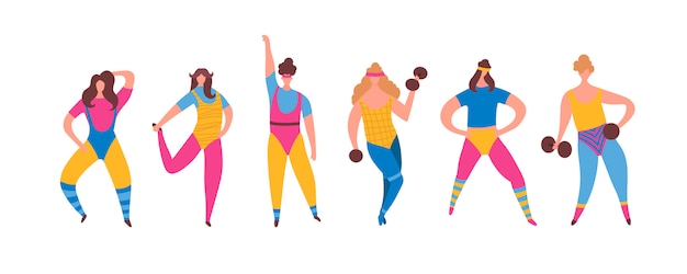 Free Vector set of 80s years woman girl in aerobics outfit doing workout shaping