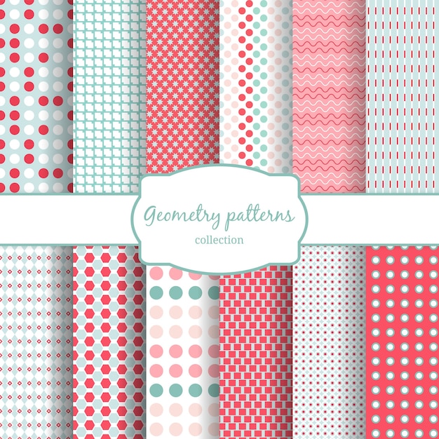 Set of abstract geometric seamless patterns. Polka dots and wavy, line.