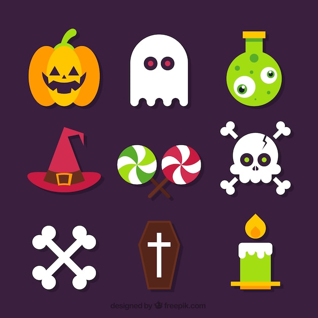 Set of accessories and halloween sweets in flat design