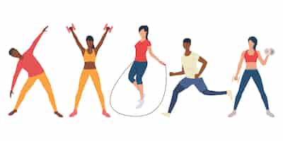 Free vector set of active multiethnic people training in gym