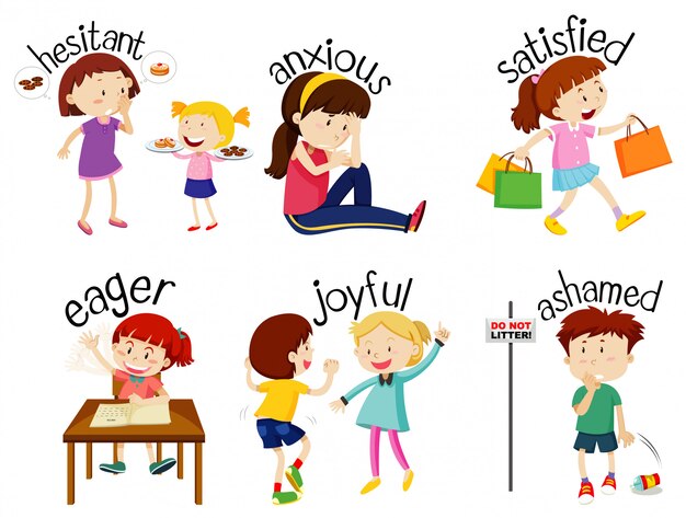 Set of adjective words with children expressing their feelings