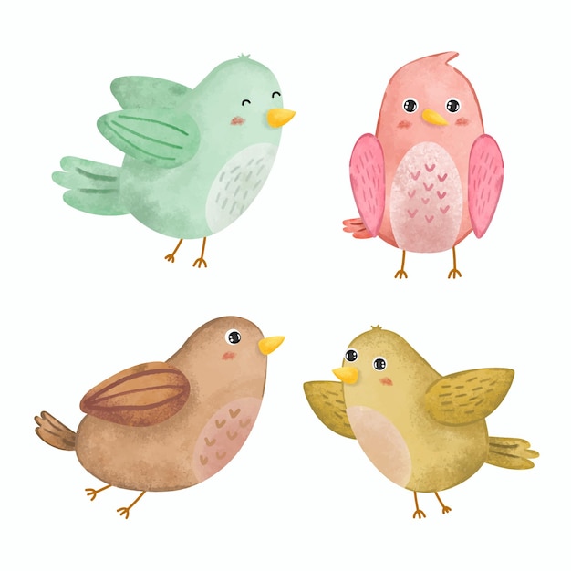 Free Vector set of adorable birds in various gesture watercolor painting