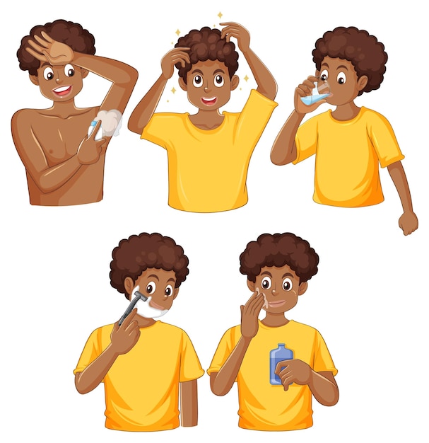 Free Vector set of afro teen with daily routine