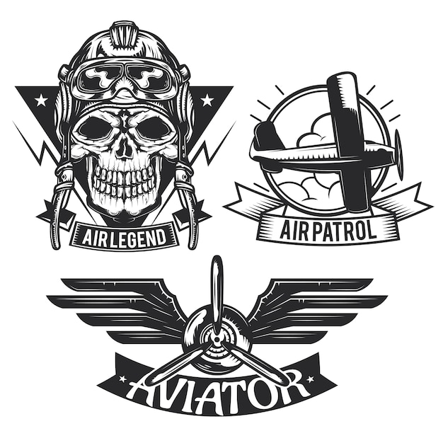 Free Vector set of aircraft elements emblems, labels, badges, logos.