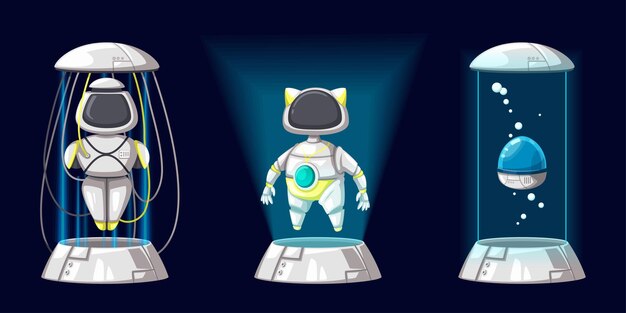 Set of android character robot toy cartoon style futuristic machine for home use.  isolated futuristic cybernetic objects technology isolated  illustration.