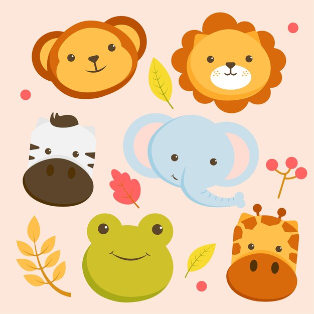 Set of animal character with Bear faces, lions, zebras, elephants, giraffes and frogs.