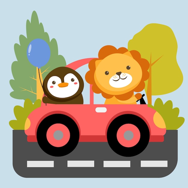 Set of animal character with lion on penguin in car