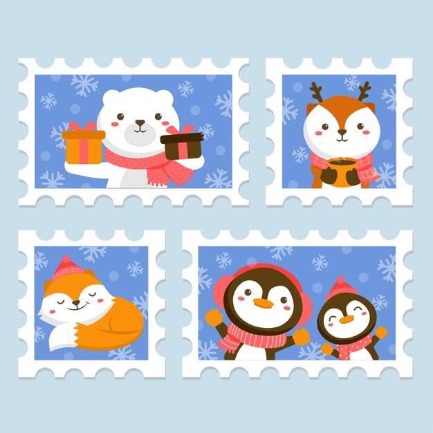 Free Vector set of animal character with stamps featuring white bears, deer, foxes and penguins.