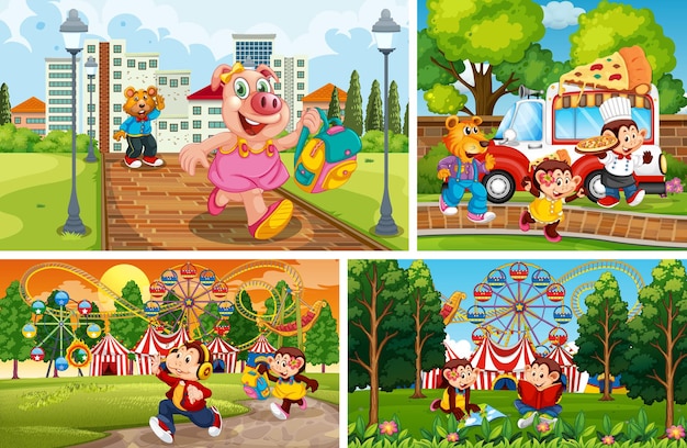 Set of animal children on different outdoor background