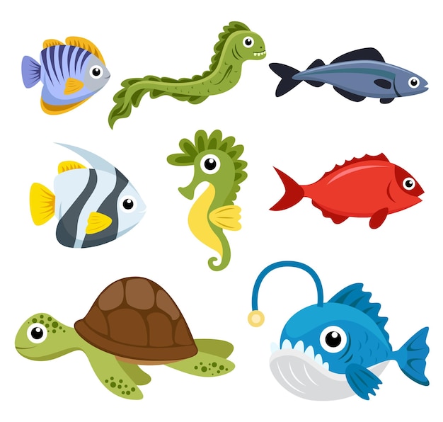 Set of Animal group of sea creatures, Clownfish, angelfish, seahorses, turtles on white