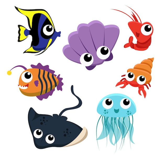 Free Vector set of animal group of sea creatures, fish, shell, jellyfish, shrimp, stingray on white