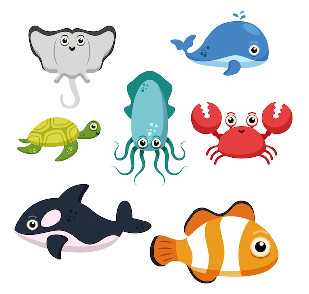 Free Vector set of animal group of sea creatures, fish, stingray, whale, squid, turtle, crab, shark, clownfish on white