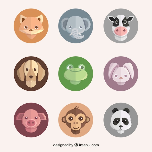 Free Vector set of animals faces in circles