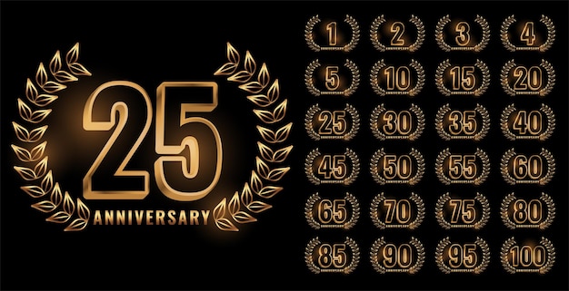 Free vector set of anniversary labels in golden color