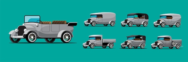 Free Vector set of antique car in retro style on green