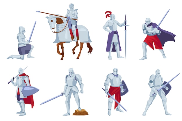 Set of armored knights with weapons in different angles, poses