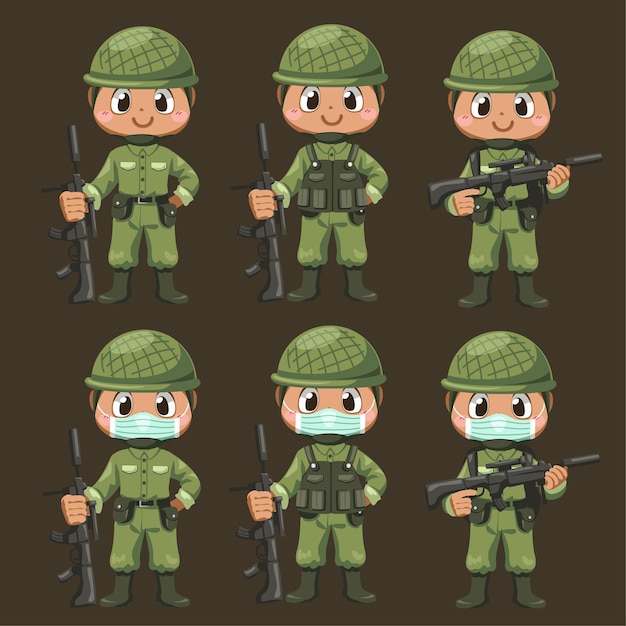 Free vector set of army soldiers man in uniform holding rifle with difference action and stand at salute in cartoon character, isolated flat illustration