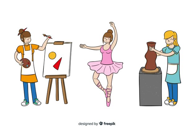 Free Vector set of artists from different disciplines. painter, sculptor and dancer