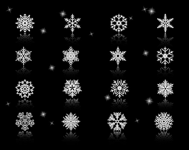 Set of Assorted White Snowflakes Icons on Black Background with Sparks.