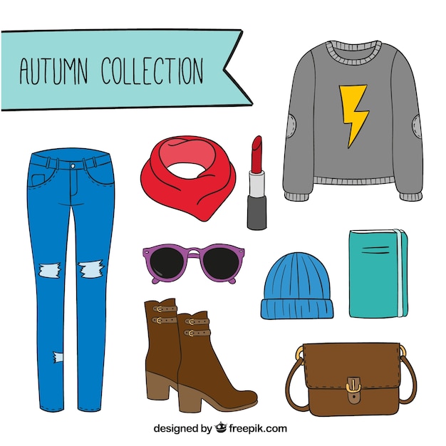 Free Vector set of autumn clothes with accessories