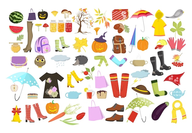 Set of autumn things like rain clothes pumpkin and halloween and more