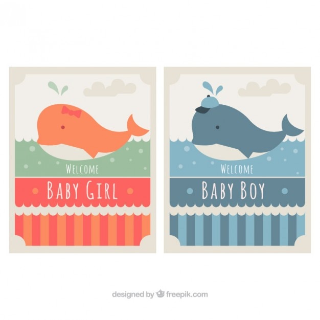 Free Vector set of baby shower cards with lovely whales