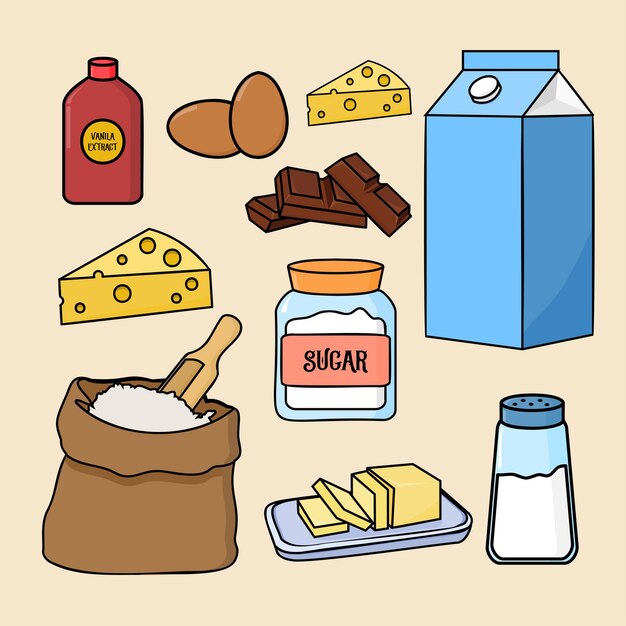 Set of bakery element preparing dessert with cheese chocolate milk water and other in drawing style vector illustration