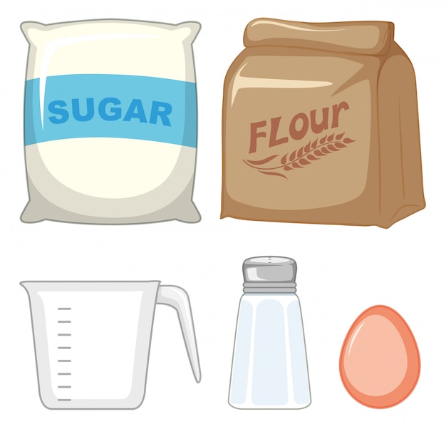 Set of bakery ingredients with sugar and flour