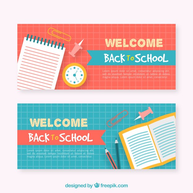 Set of banners with school materials in flat design