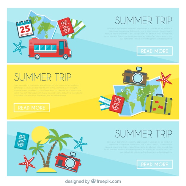 Free Vector set of banners with summer trip elements