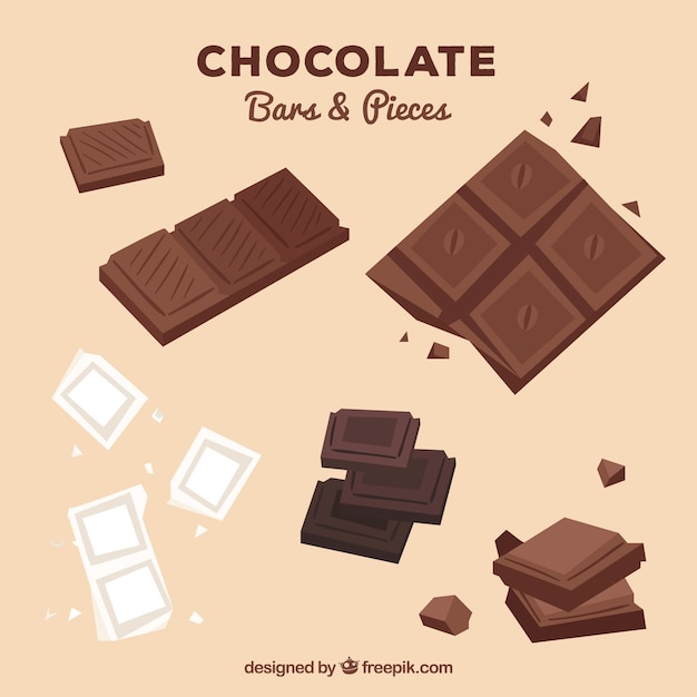 Set of bars and pieces of delicious chocolate