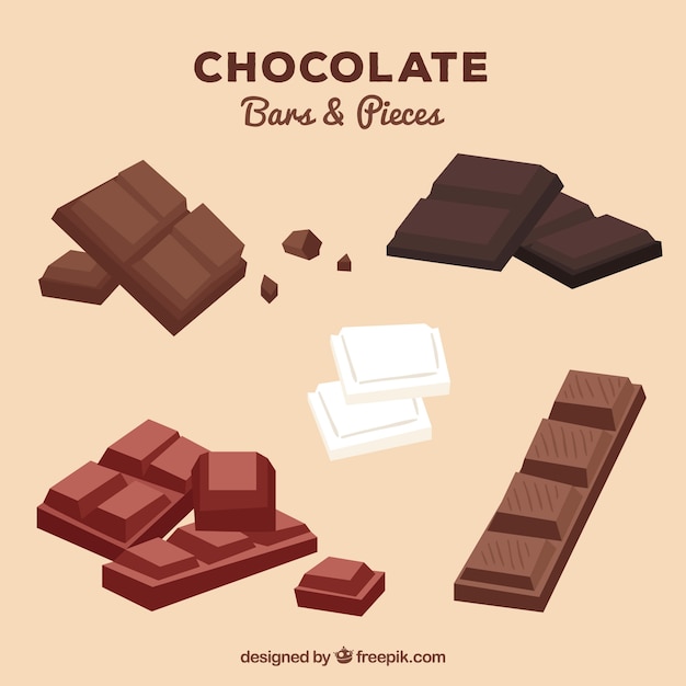 Set of bars and pieces of delicious chocolate