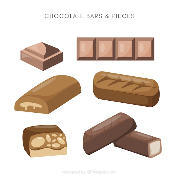 Set of bars and pieces of delicious chocolate